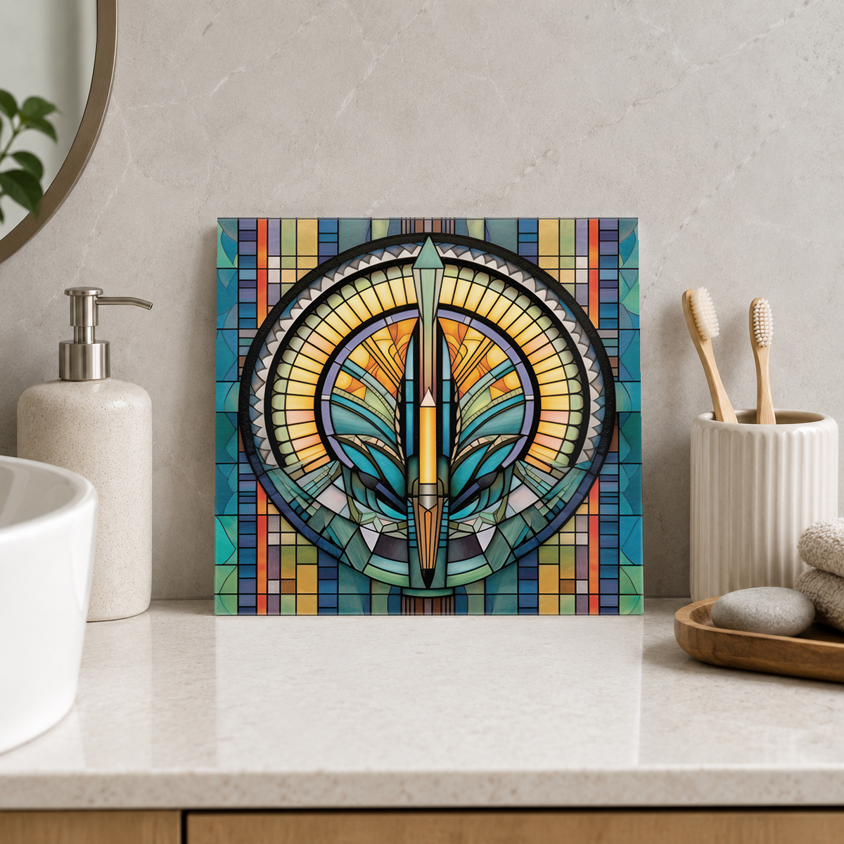 Teal and Amber Circular Spire Tile displayed in the bathroom tile mock-up