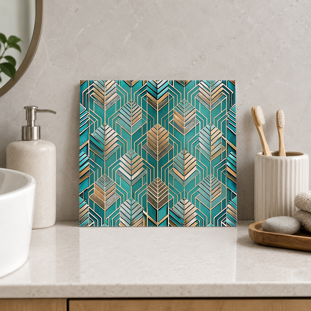 Teal and Champagne Feather Lines Tile displayed in the bathroom tile mock-up