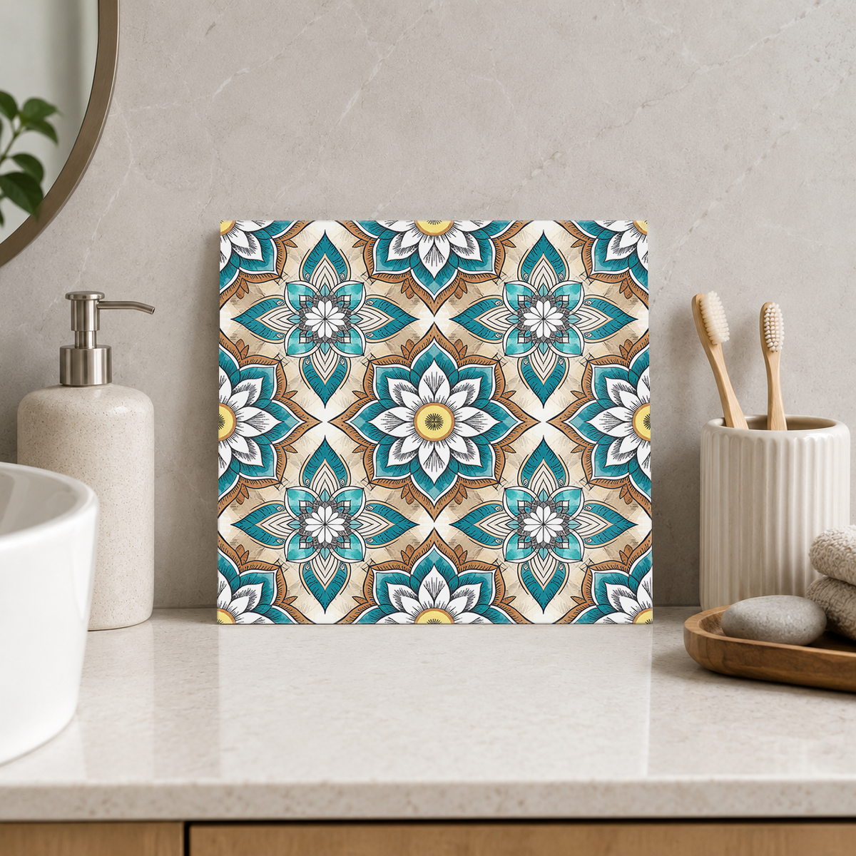 Teal and Cream Floral Stars Tile displayed in the bathroom tile mock-up