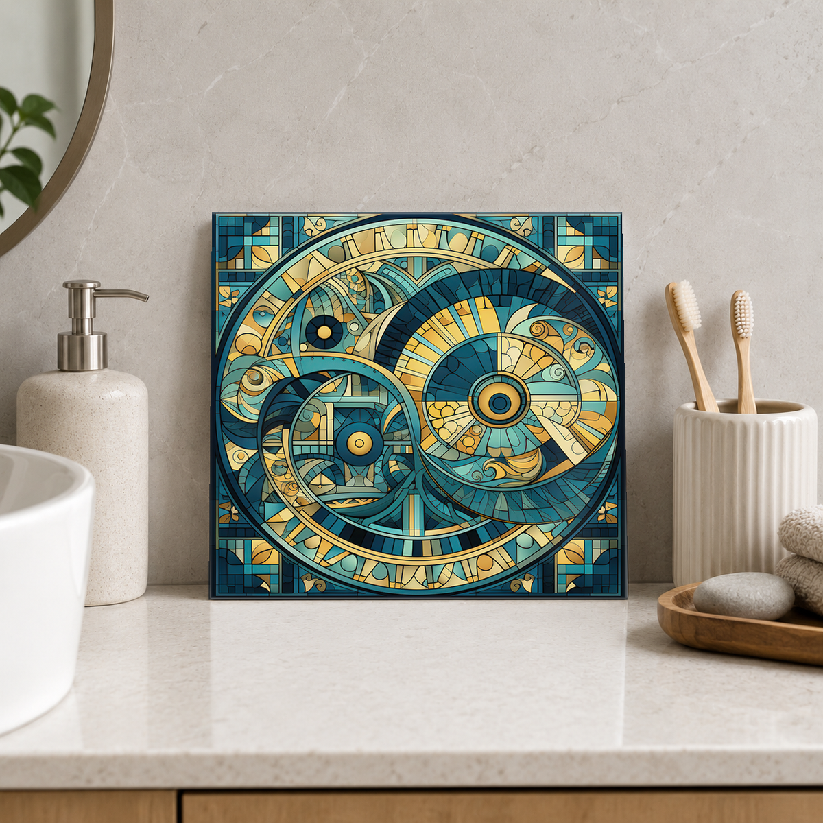 Teal and Gold Mechanical Spirals Tile displayed in the bathroom tile mock-up