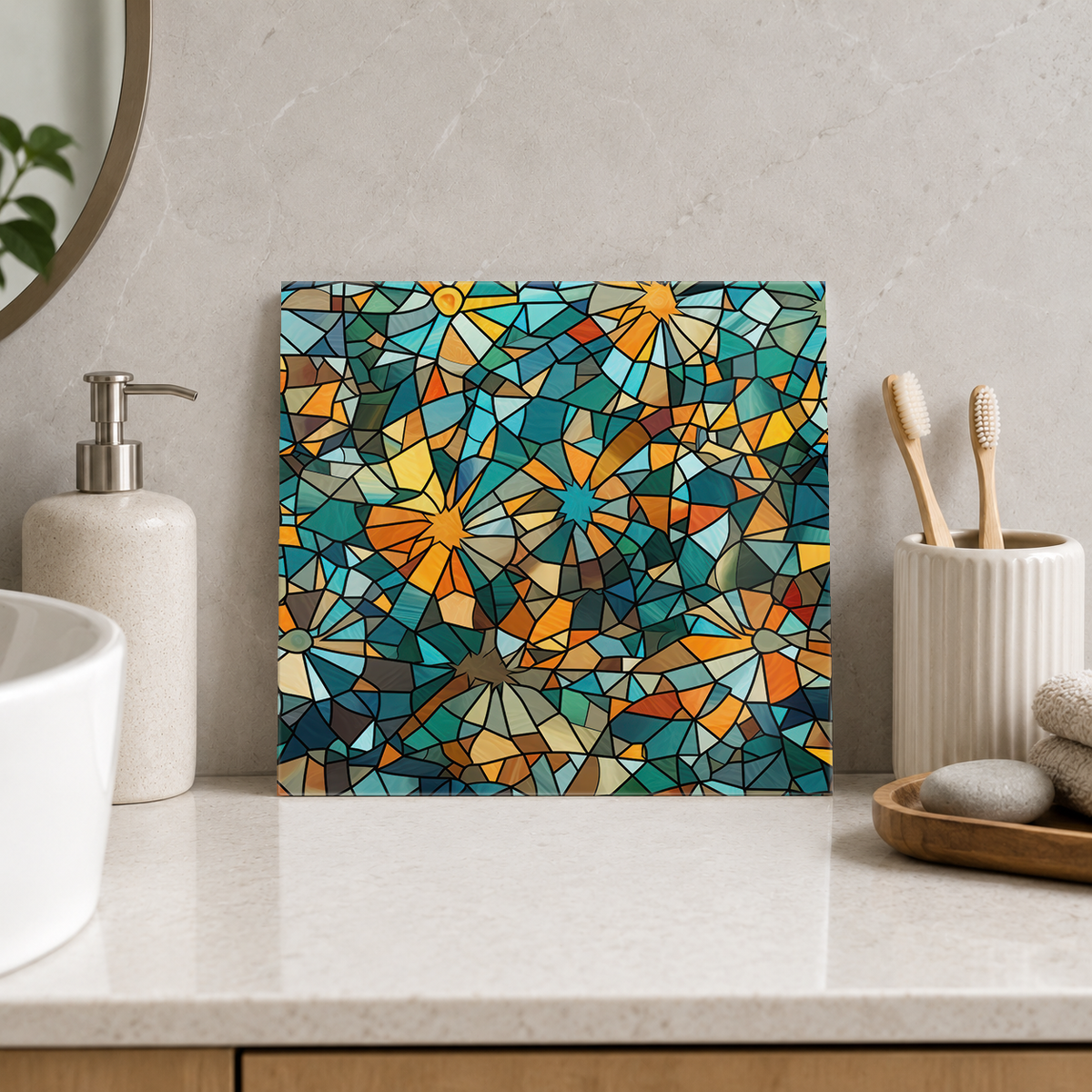 Teal and Gold Scattered Stars Tile displayed in the bathroom tile mock-up