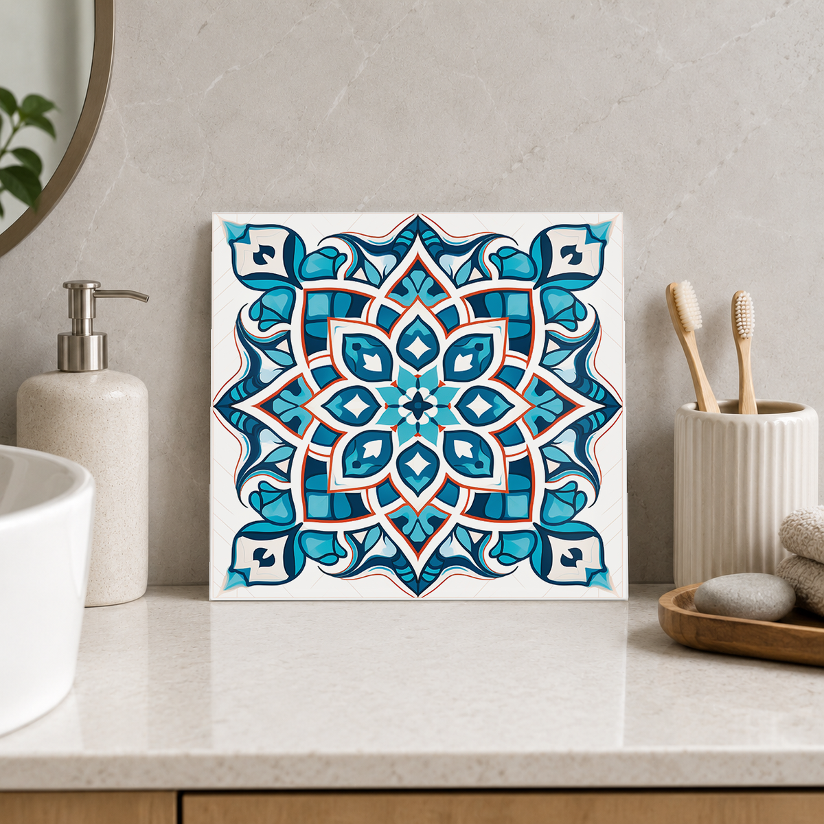 Teal and Navy Floral Diamond Tile displayed in the bathroom tile mock-up