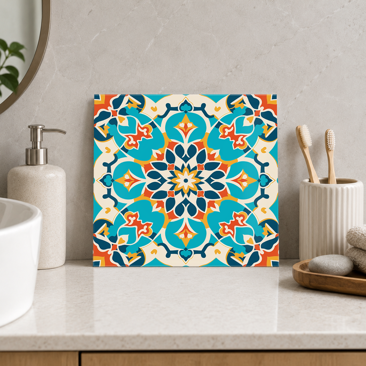 Teal and Orange Floral Cross Tile displayed in the bathroom tile mock-up