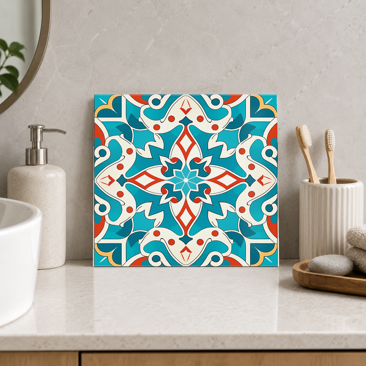 Teal and Rust Scrollwork Cross Tile displayed in the bathroom tile mock-up
