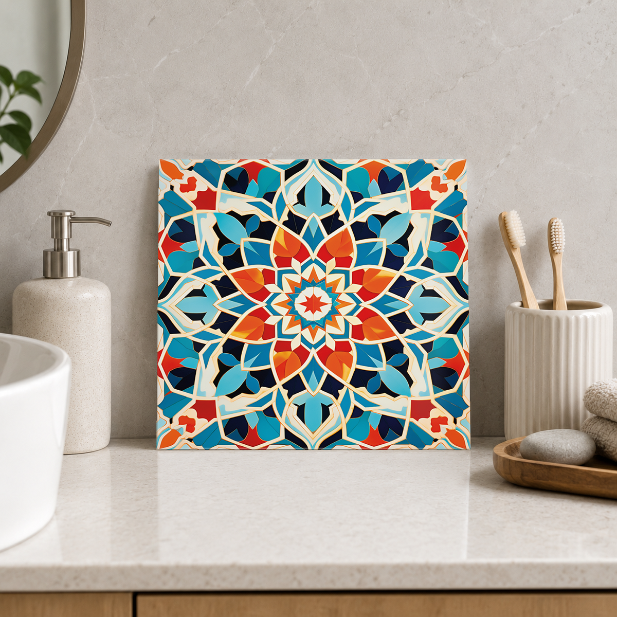Teal and Terracotta Sunburst Tile displayed in the bathroom tile mock-up