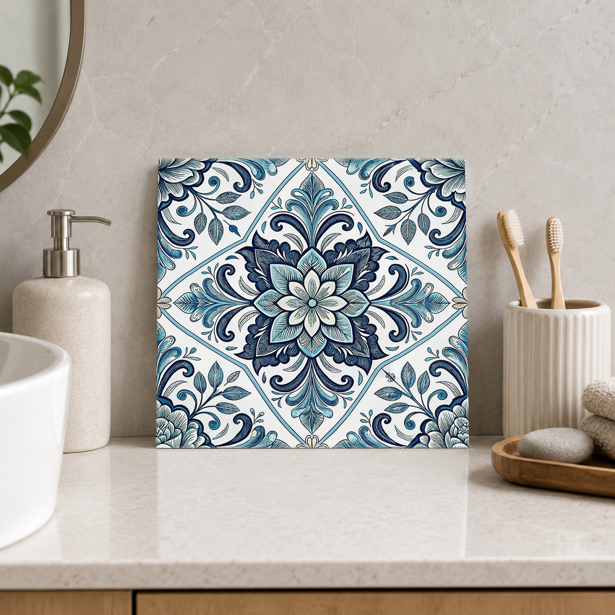 Teal Blossom and Acanthus Cross Tile displayed in the bathroom tile mock-up