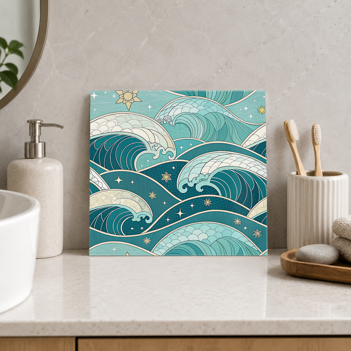 Teal Breaking Waves and Golden Stars Tile displayed in the bathroom tile mock-up