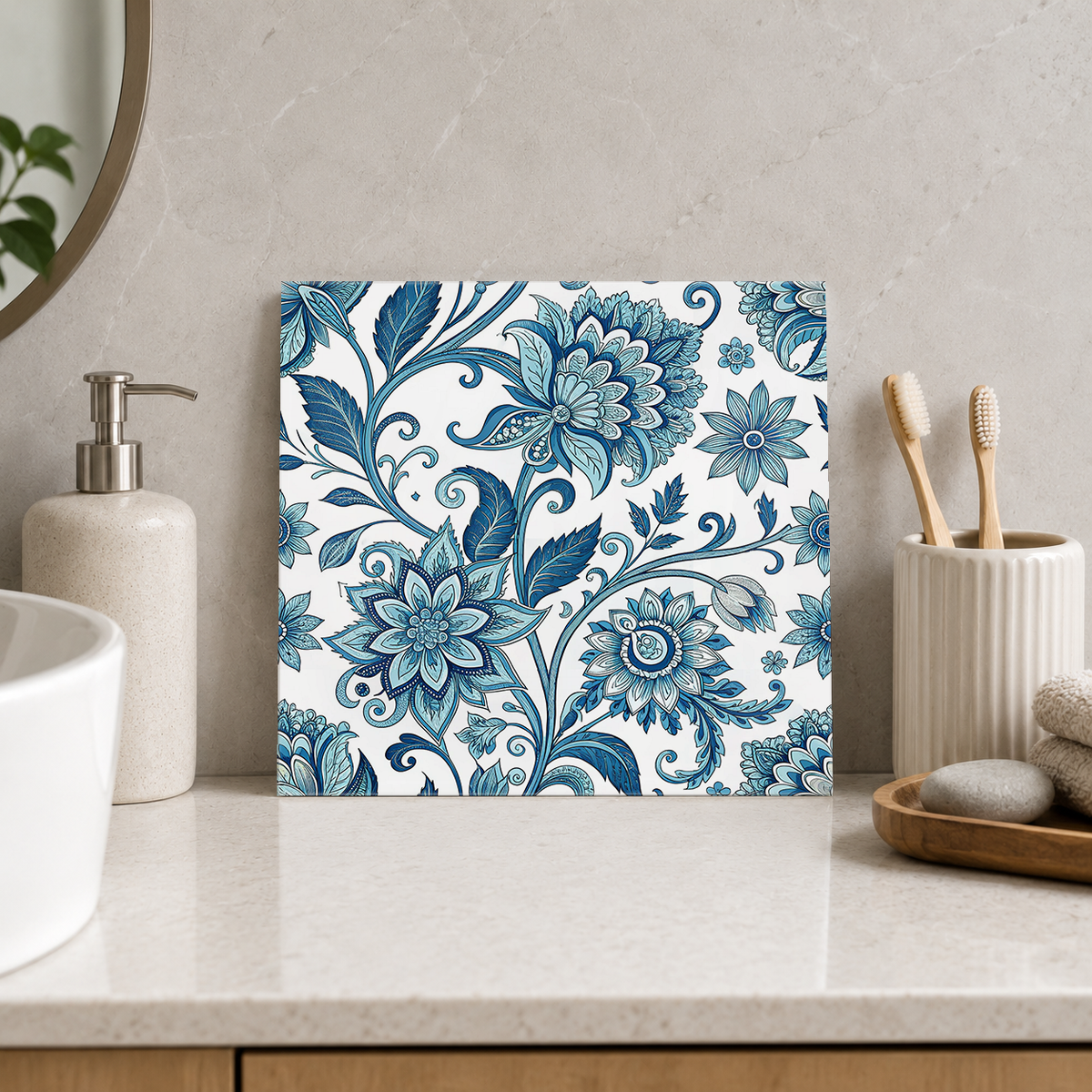 Teal Carnations and Starflowers Tile displayed in the bathroom tile mock-up