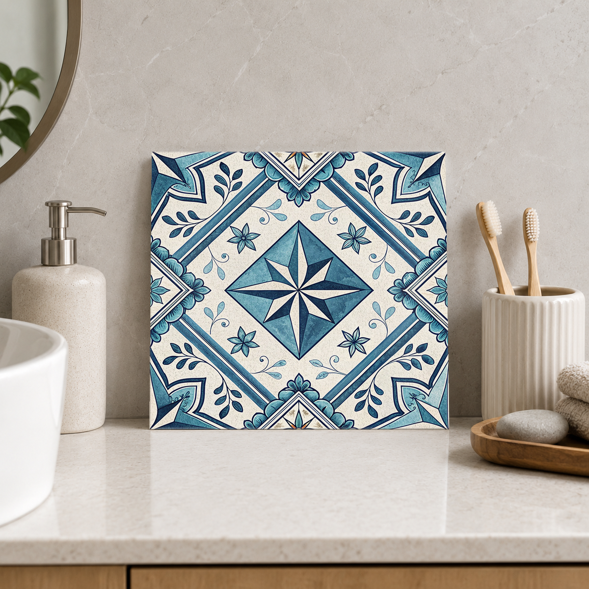 Teal Compass and Leaf Sprigs Tile displayed in the bathroom tile mock-up