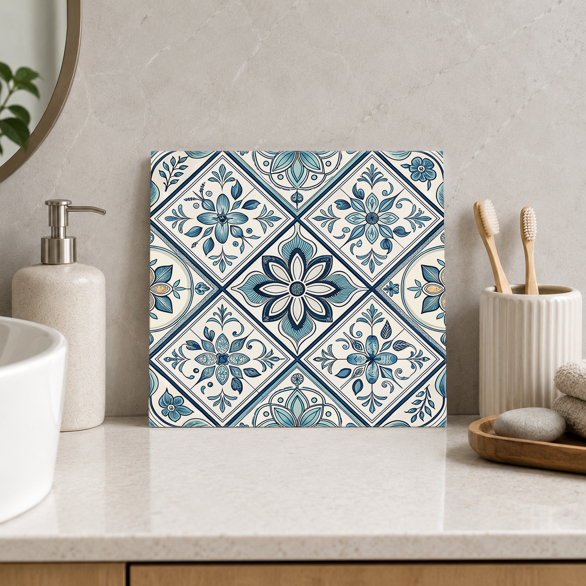 Teal Daisy Diamond Patchwork Tile displayed in the bathroom tile mock-up