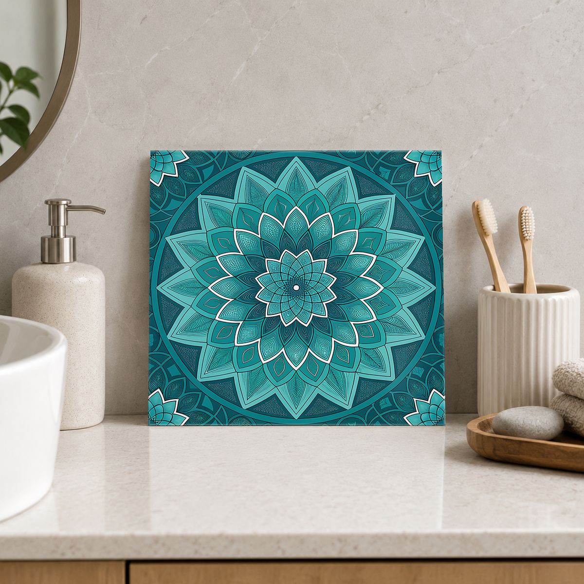 Teal Layered Petal Mandala Tile displayed in the bathroom tile mock-up