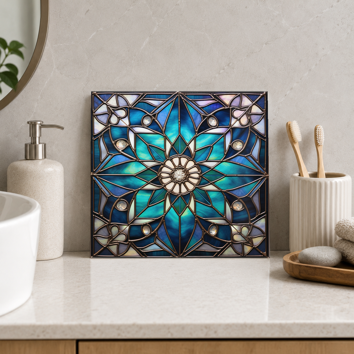 Teal Petal Star with Pearl Centre Tile displayed in the bathroom tile mock-up