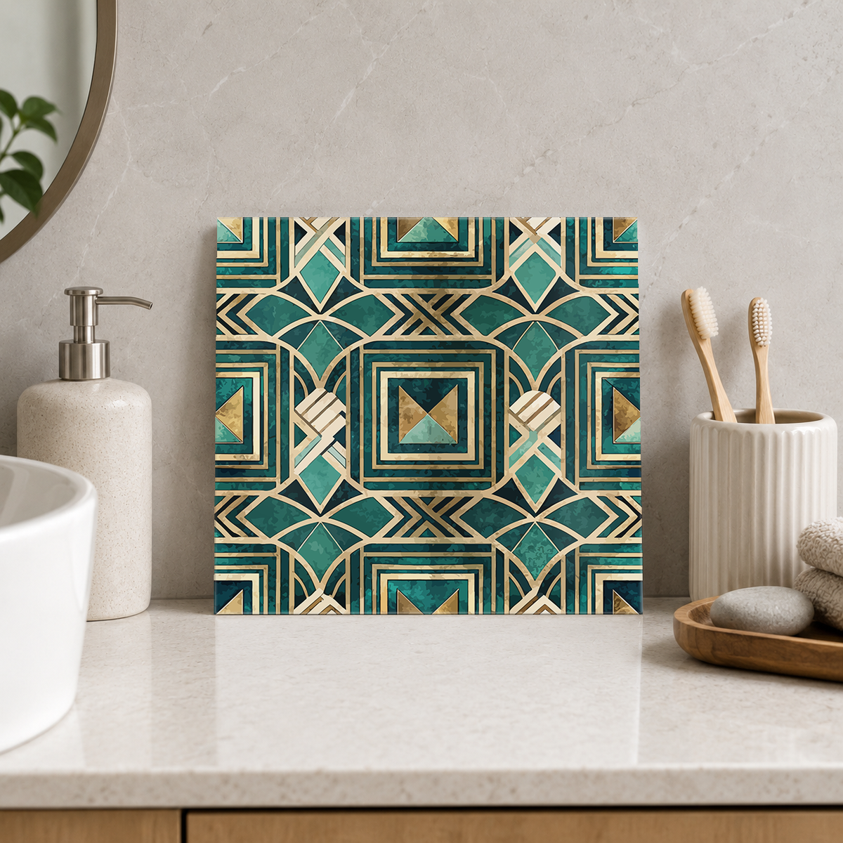 Teal Pyramid Lattice Tile displayed in the bathroom tile mock-up