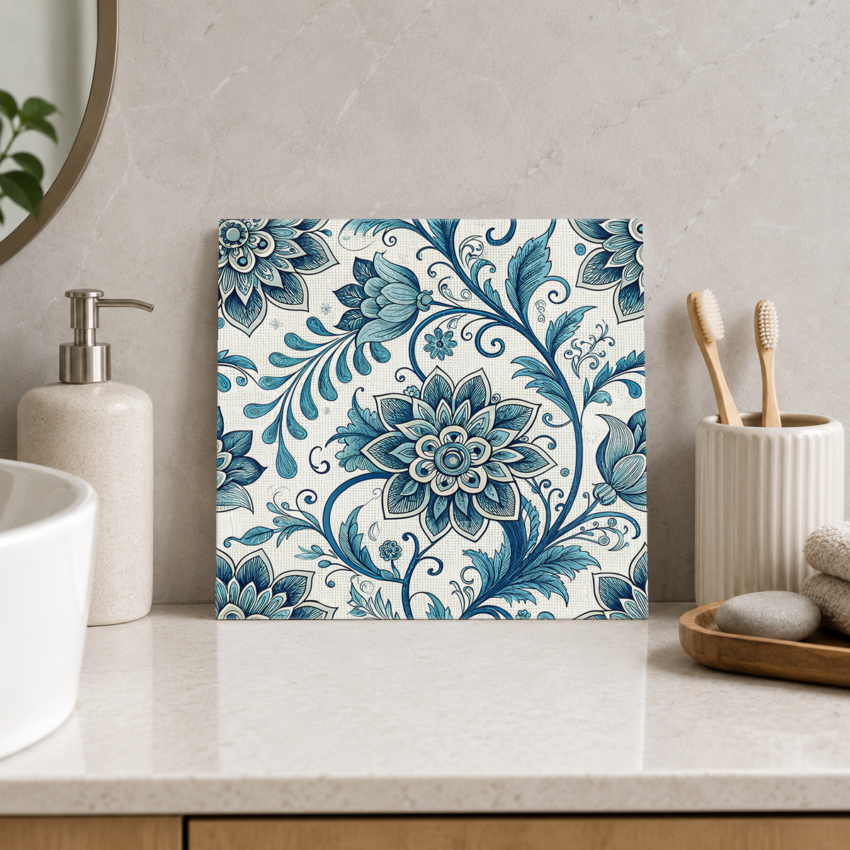 Teal Rosettes and Sweeping Leaves Tile displayed in the bathroom tile mock-up