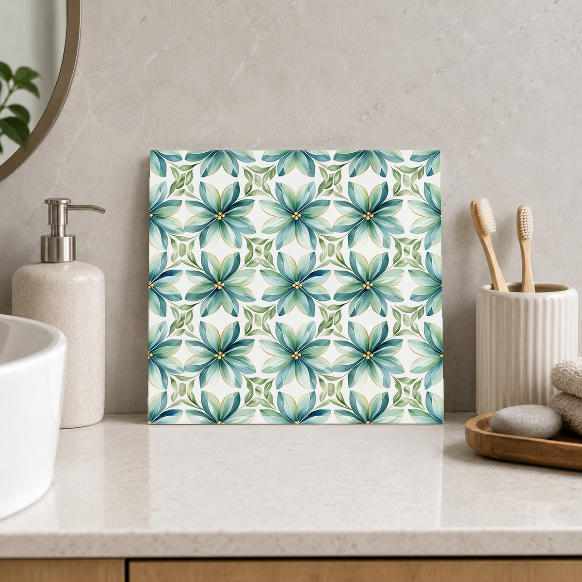 Teal Starflower Lattice Tile displayed in the bathroom tile mock-up