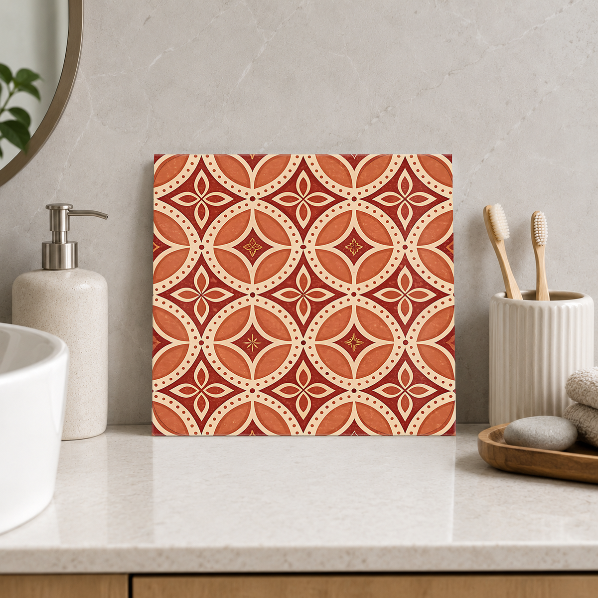 Terracotta Interlocking Circles Tile displayed in the bathroom tile mock-up