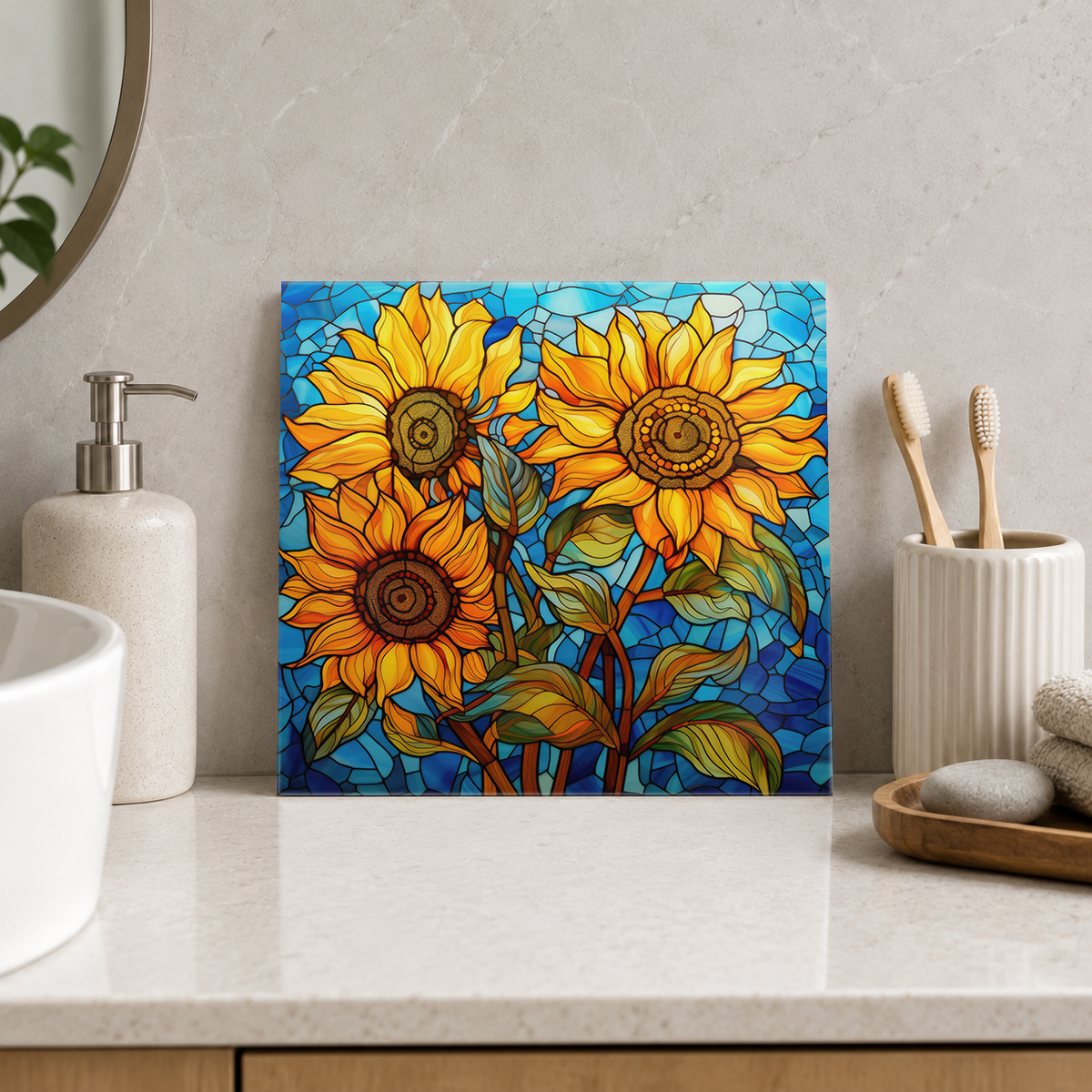 Three Golden Sunflowers Tile displayed in the bathroom tile mock-up