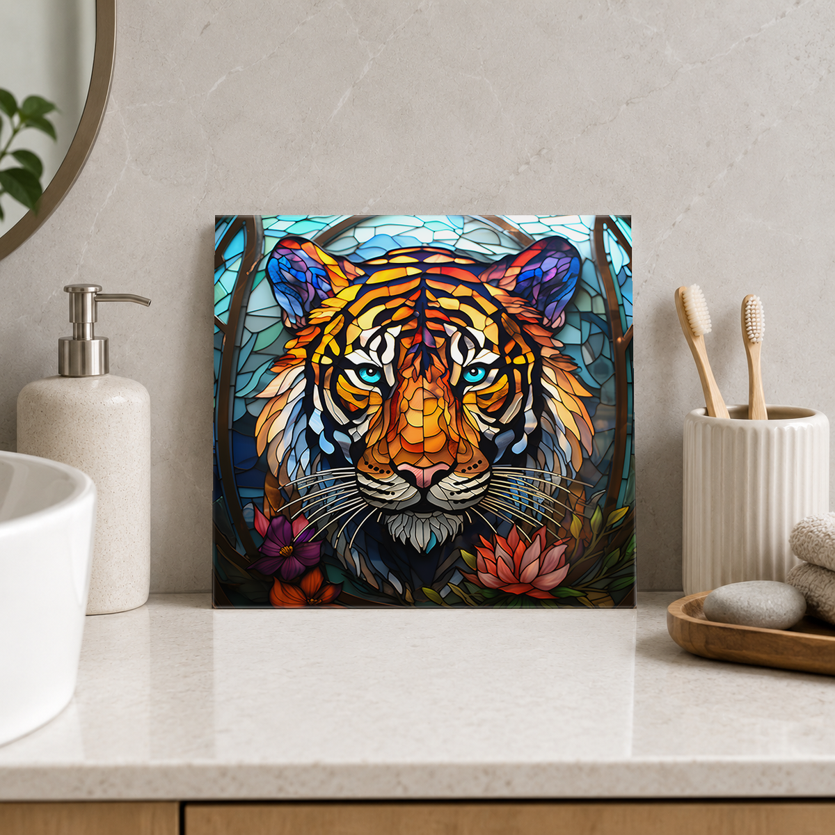 Tiger Portrait with Lotus Flowers Tile displayed in the bathroom tile mock-up