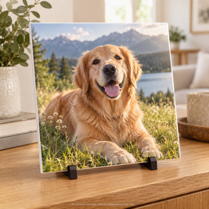 tile pet dog — illustrative custom printed ceramic tile with display stand