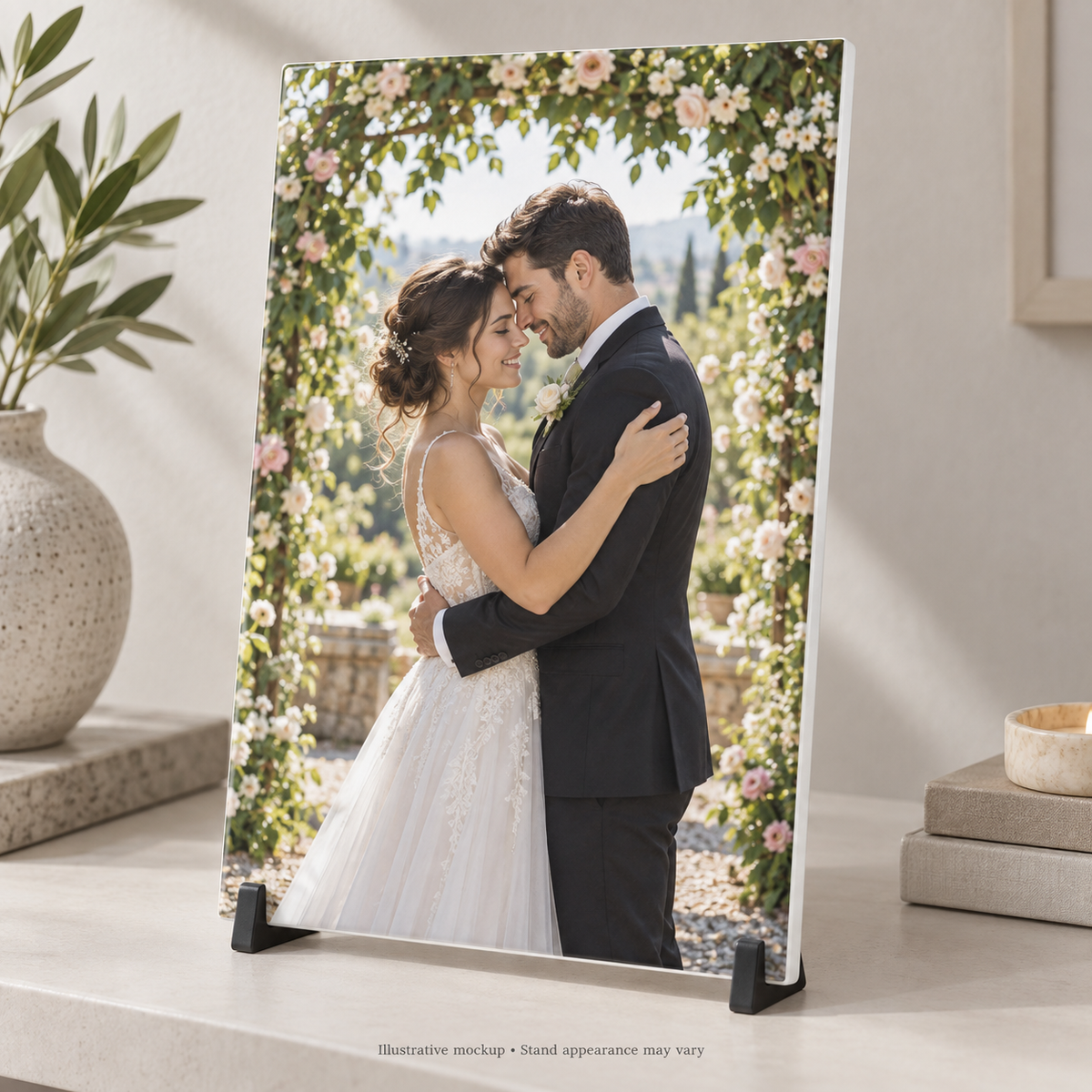 tile wedding portrait — illustrative custom printed ceramic tile with display stand