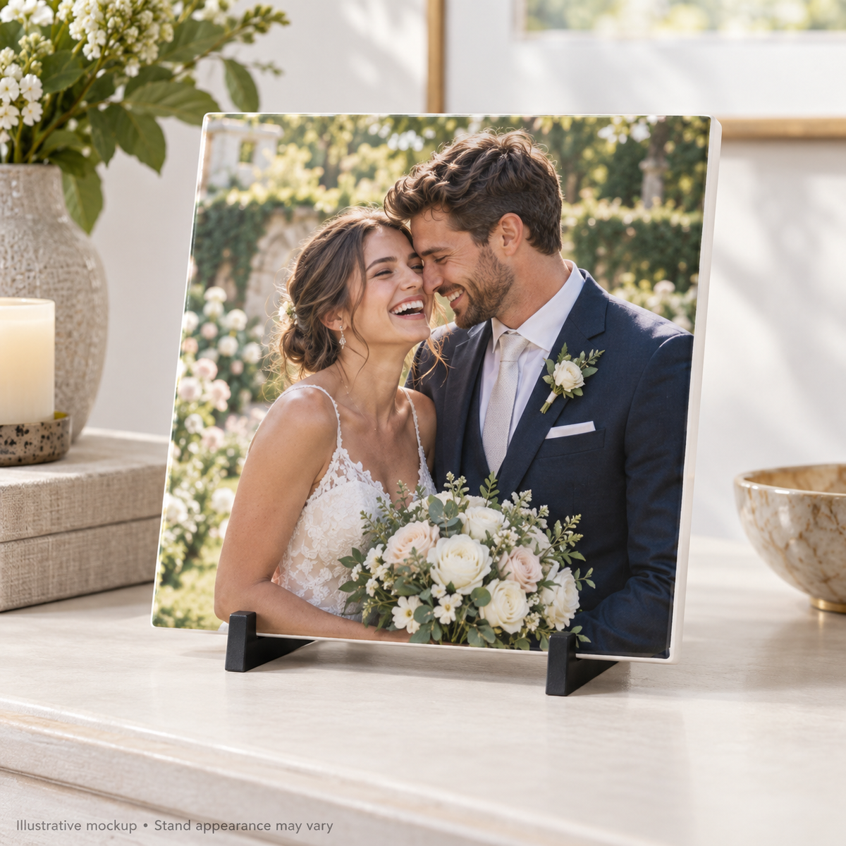 tile wedding square — illustrative custom printed ceramic tile with display stand