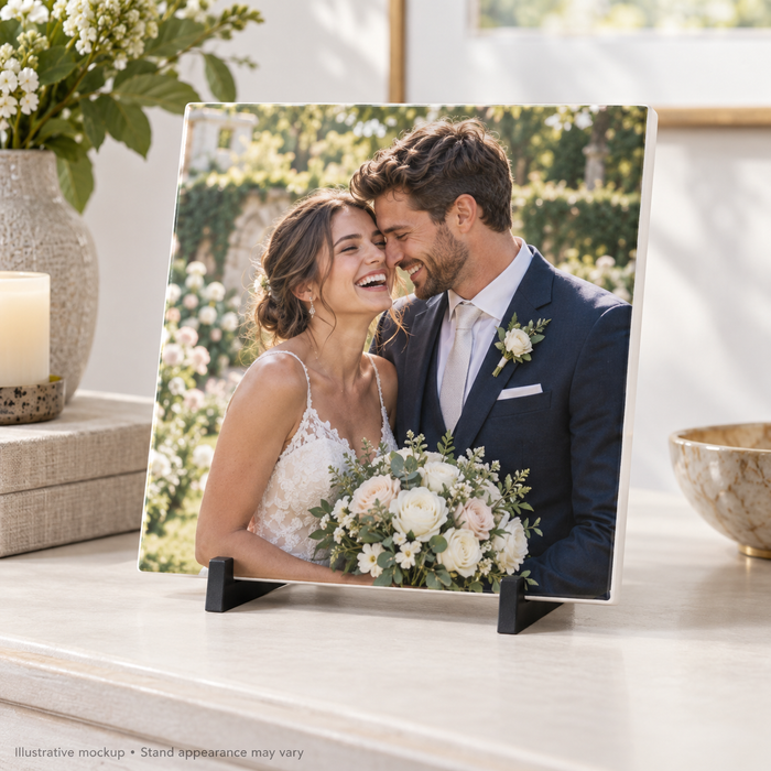 tile wedding square — illustrative custom printed ceramic tile with display stand
