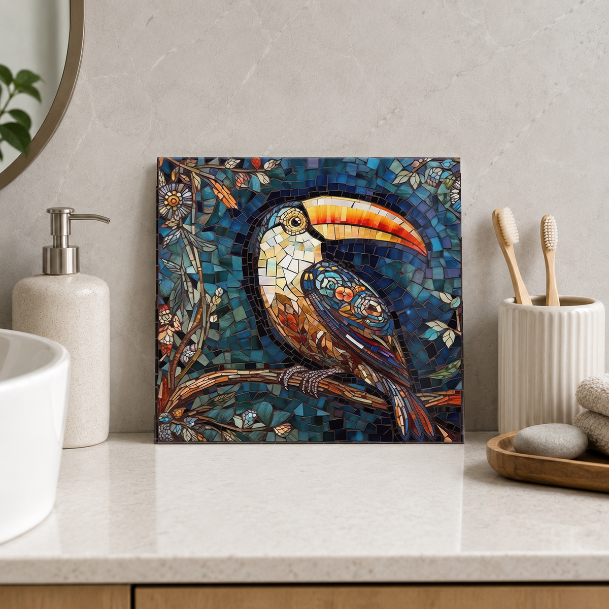 Toucan on a Branch Tile displayed in the bathroom tile mock-up