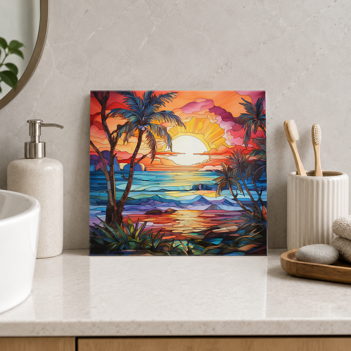 Tropical Cove at Golden Sunset Tile displayed in the bathroom tile mock-up