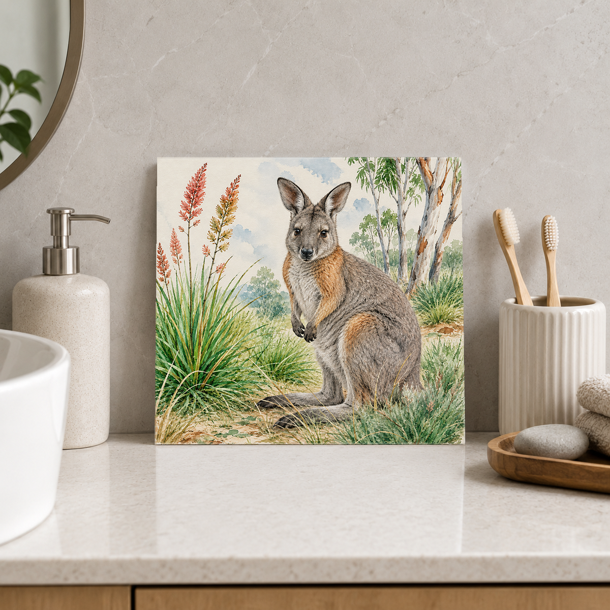 Tropical Wallaby ceramic decorative tile in Pop Color, shown in a room mockup