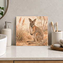 Tropical Wallaby ceramic decorative tile in Warm Country, shown in a room mockup