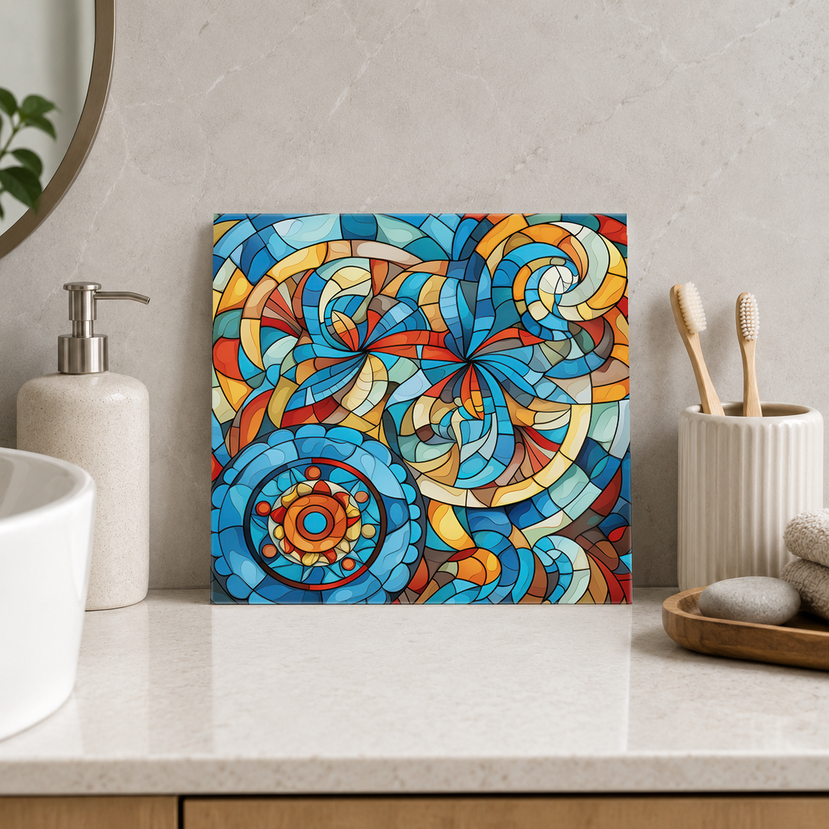 Turquoise and Amber Mosaic Swirls Tile displayed in the bathroom tile mock-up