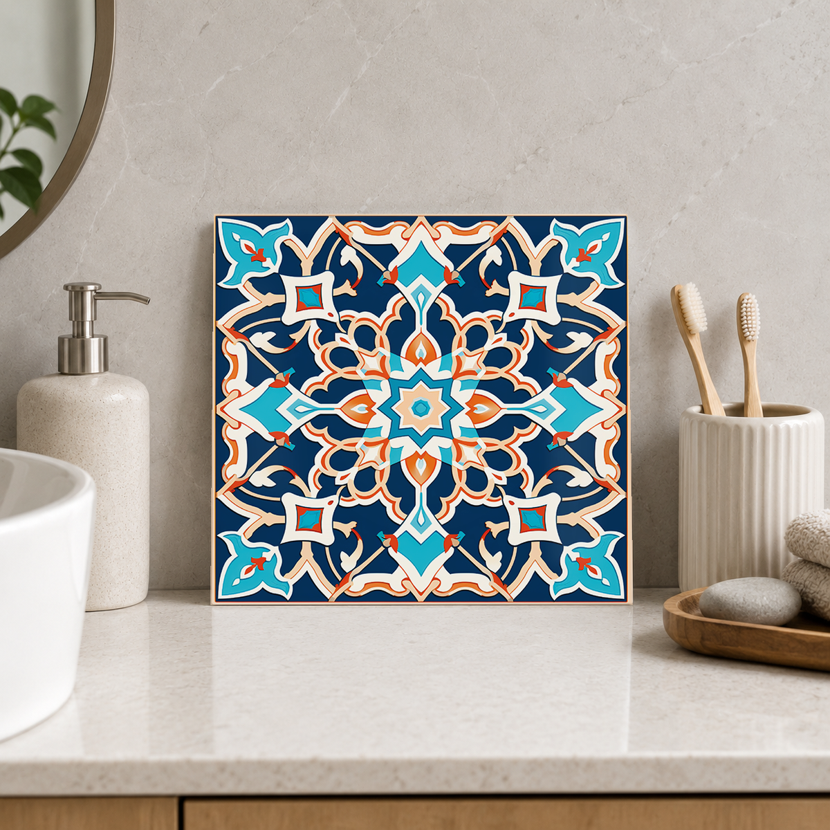 Turquoise and Coral Floral Medallion Tile displayed in the bathroom tile mock-up