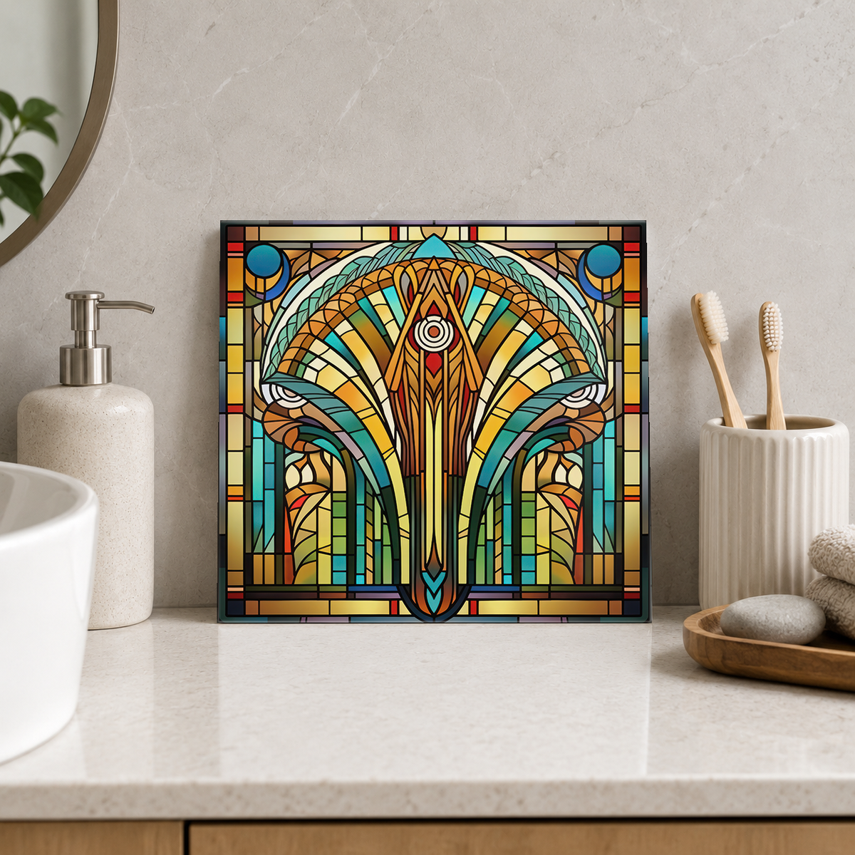 Turquoise and Gold Peacock Plume Tile displayed in the bathroom tile mock-up