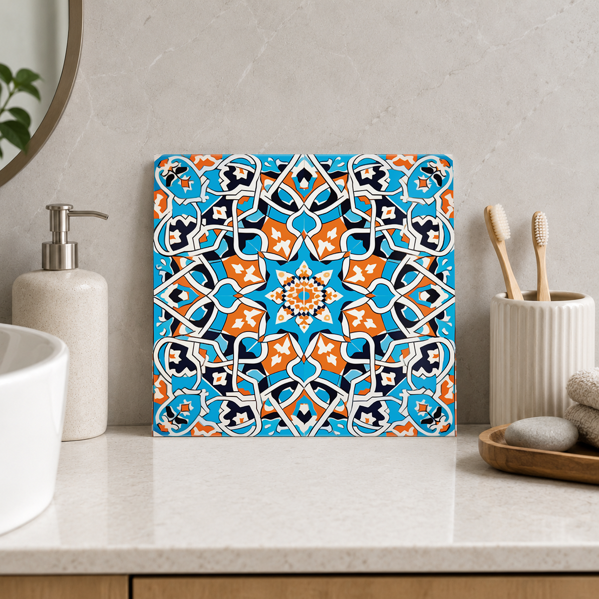 Turquoise and Orange Star Lattice Tile displayed in the bathroom tile mock-up