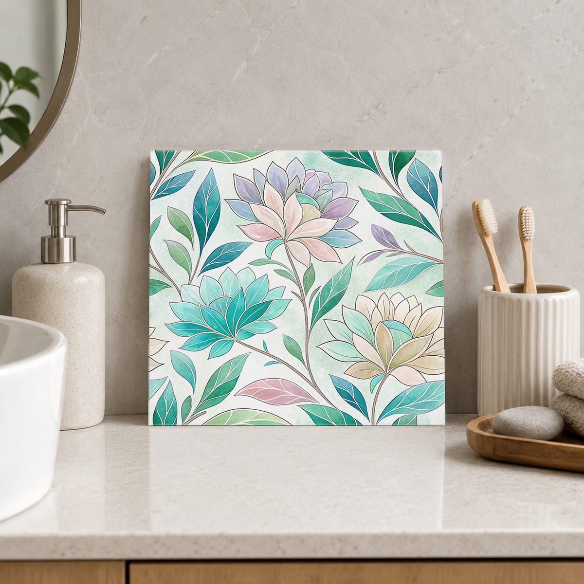 Turquoise and Pastel Lotus Garden Tile displayed in the bathroom tile mock-up