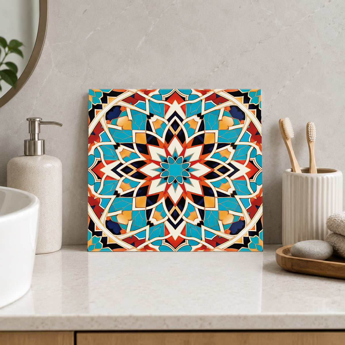 Turquoise and Rust Mosaic Star Tile displayed in the bathroom tile mock-up