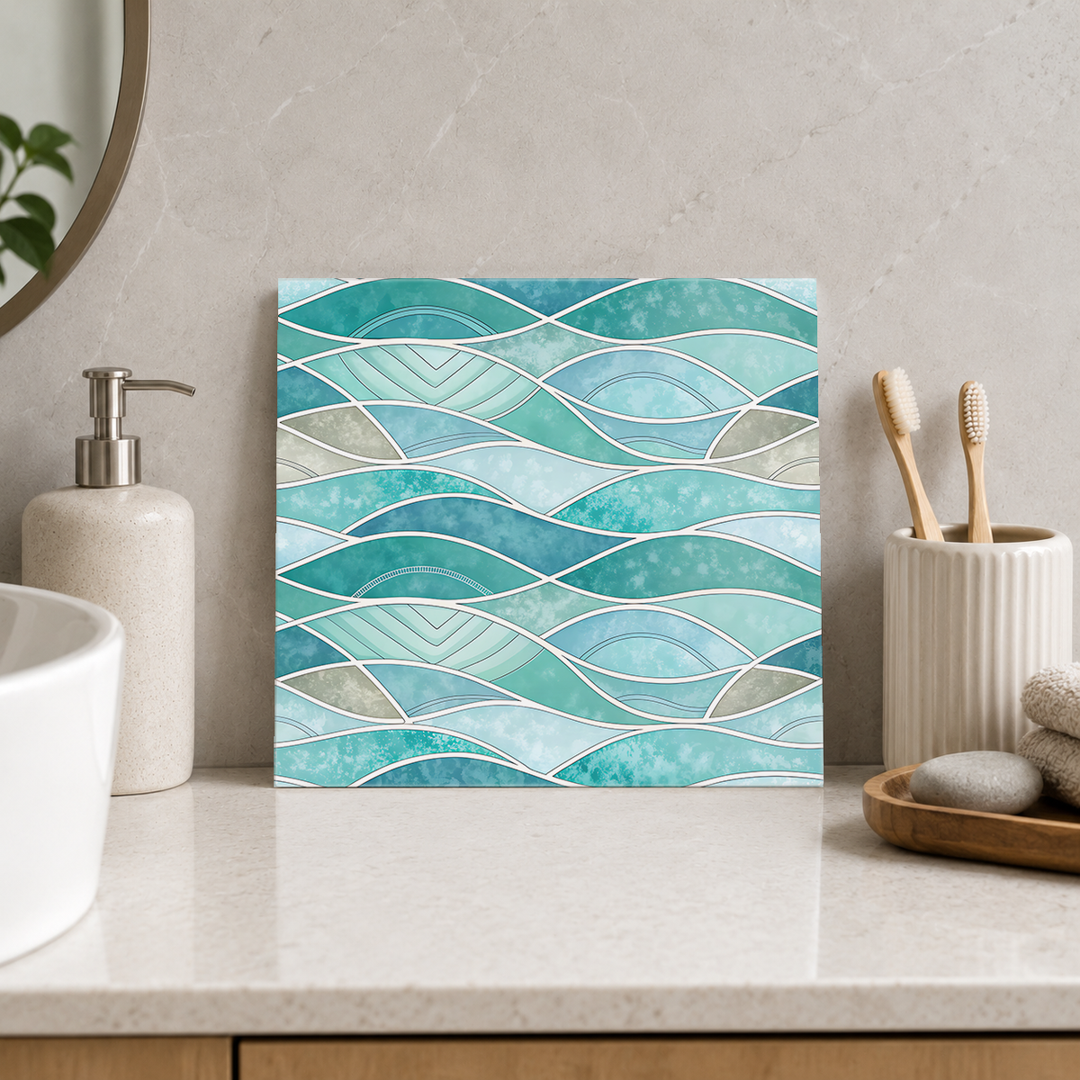 Turquoise Flowing Wave Bands Tile displayed in the bathroom tile mock-up
