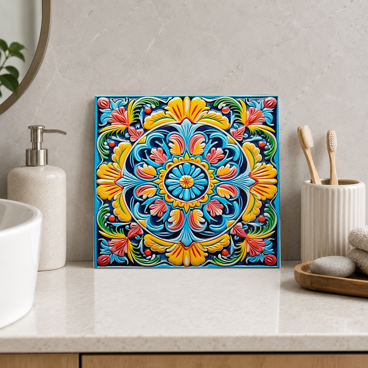 Turquoise Rosette and Coral Scrolls Tile displayed in the bathroom tile mock-up