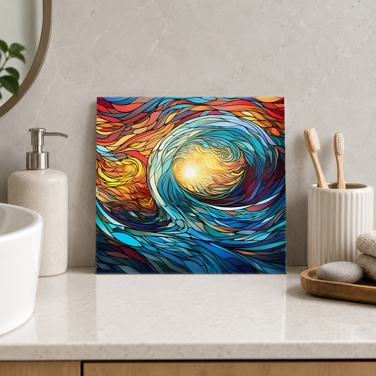 Turquoise Wave Curl around Sunlight Tile displayed in the bathroom tile mock-up