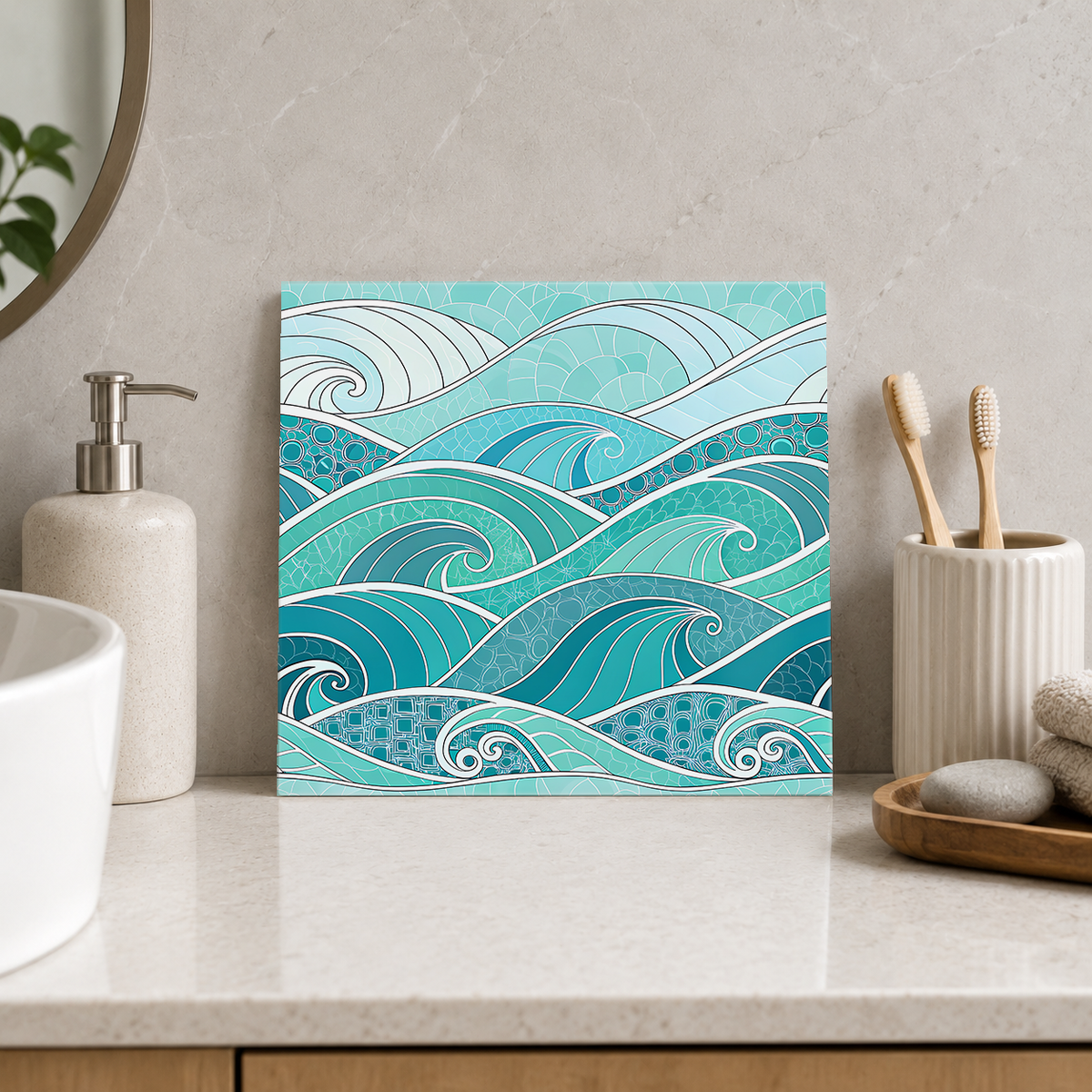 Turquoise Wave Patchwork Tile displayed in the bathroom tile mock-up