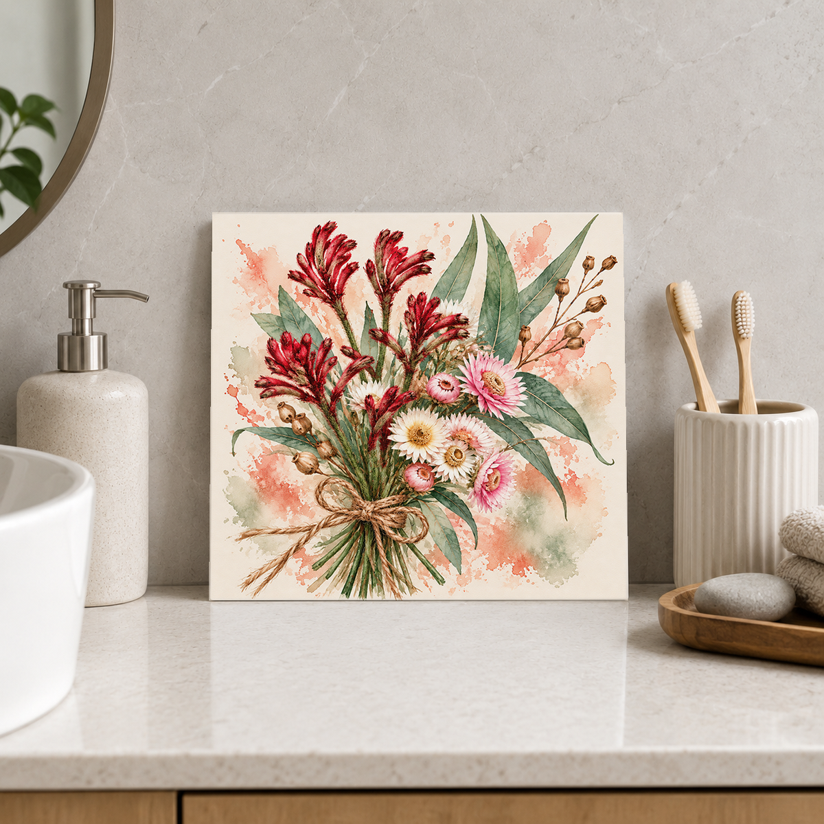 Twine-tied Natives ceramic decorative tile in Pop Color, shown in a room mockup