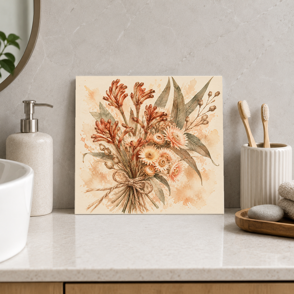 Twine-tied Natives ceramic decorative tile in Warm Country, shown in a room mockup