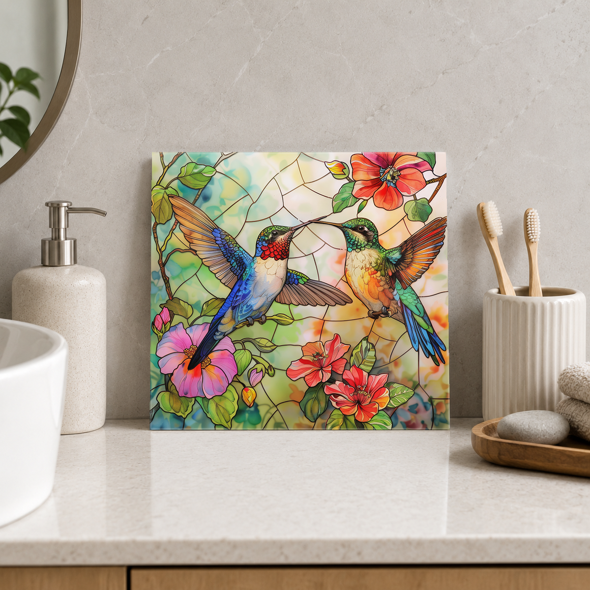 Two Hummingbirds among Red Flowers Tile displayed in the bathroom tile mock-up
