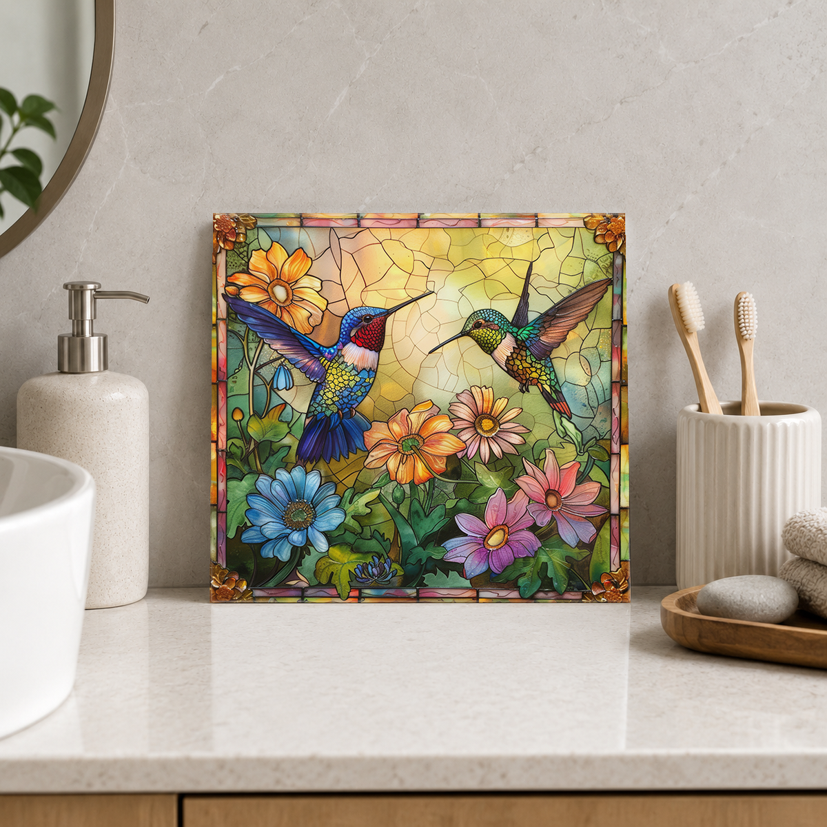 Two Hummingbirds in Sunlit Garden Tile displayed in the bathroom tile mock-up