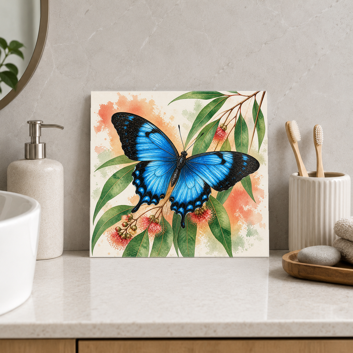Ulysses Butterfly ceramic decorative tile in Pop Color, shown in a room mockup