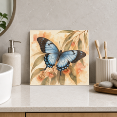 Ulysses Butterfly ceramic decorative tile in Warm Country, shown in a room mockup