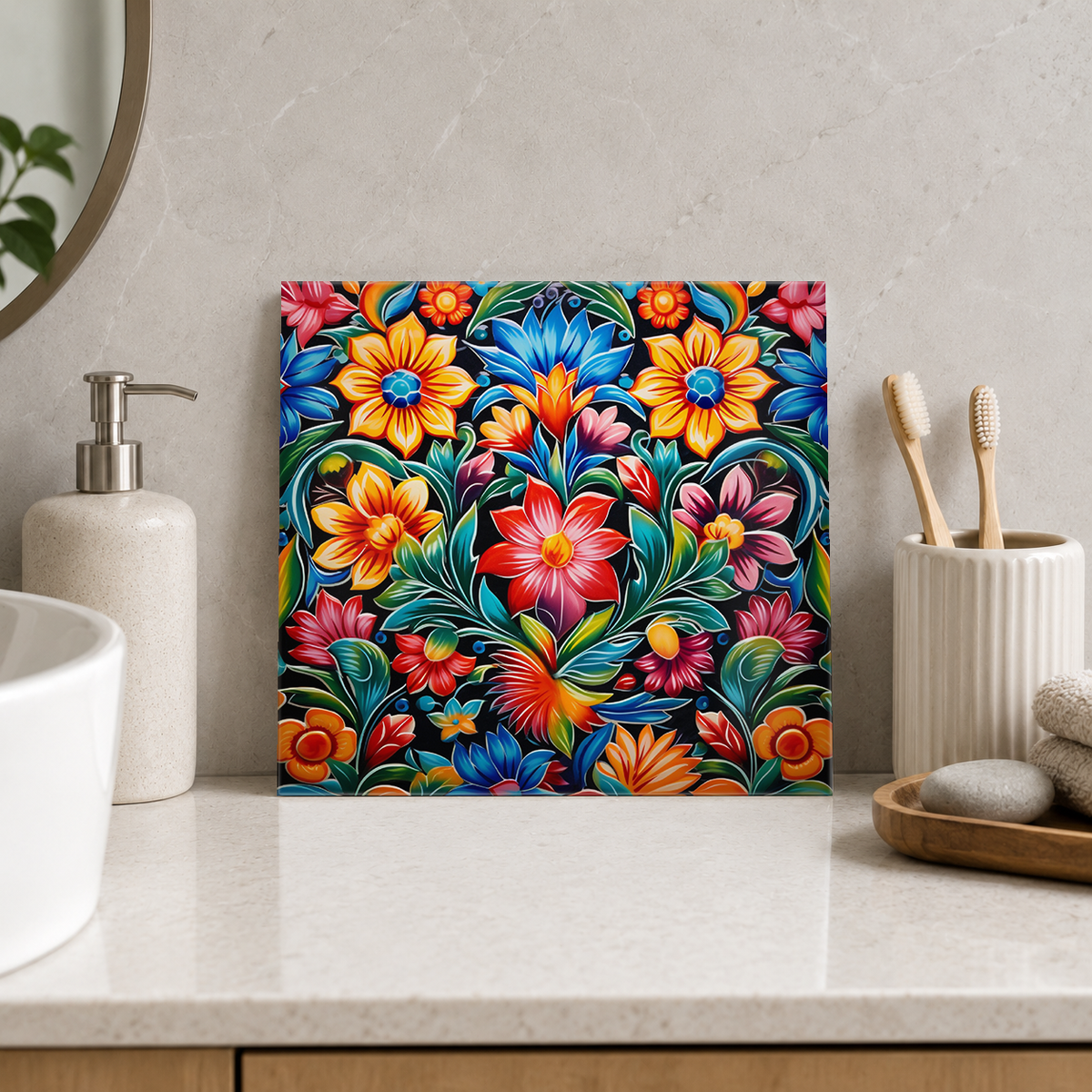 Vibrant Tropical Floral Bouquet Tile displayed in the bathroom tile mock-up