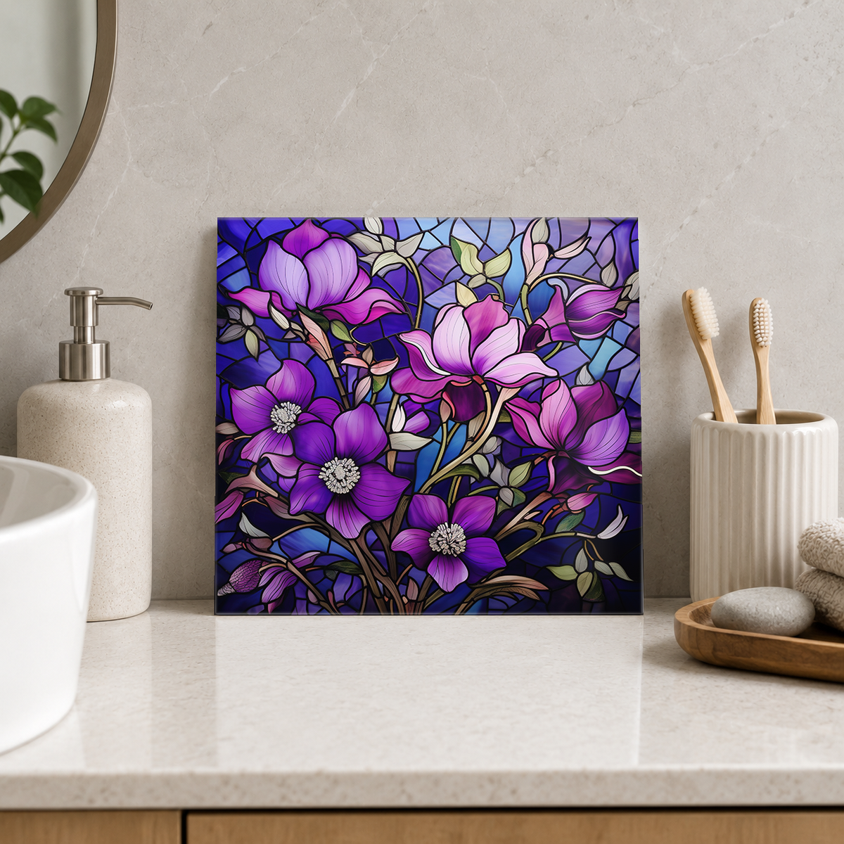 Violet Blossom Bouquet Tile displayed in the bathroom tile mock-up