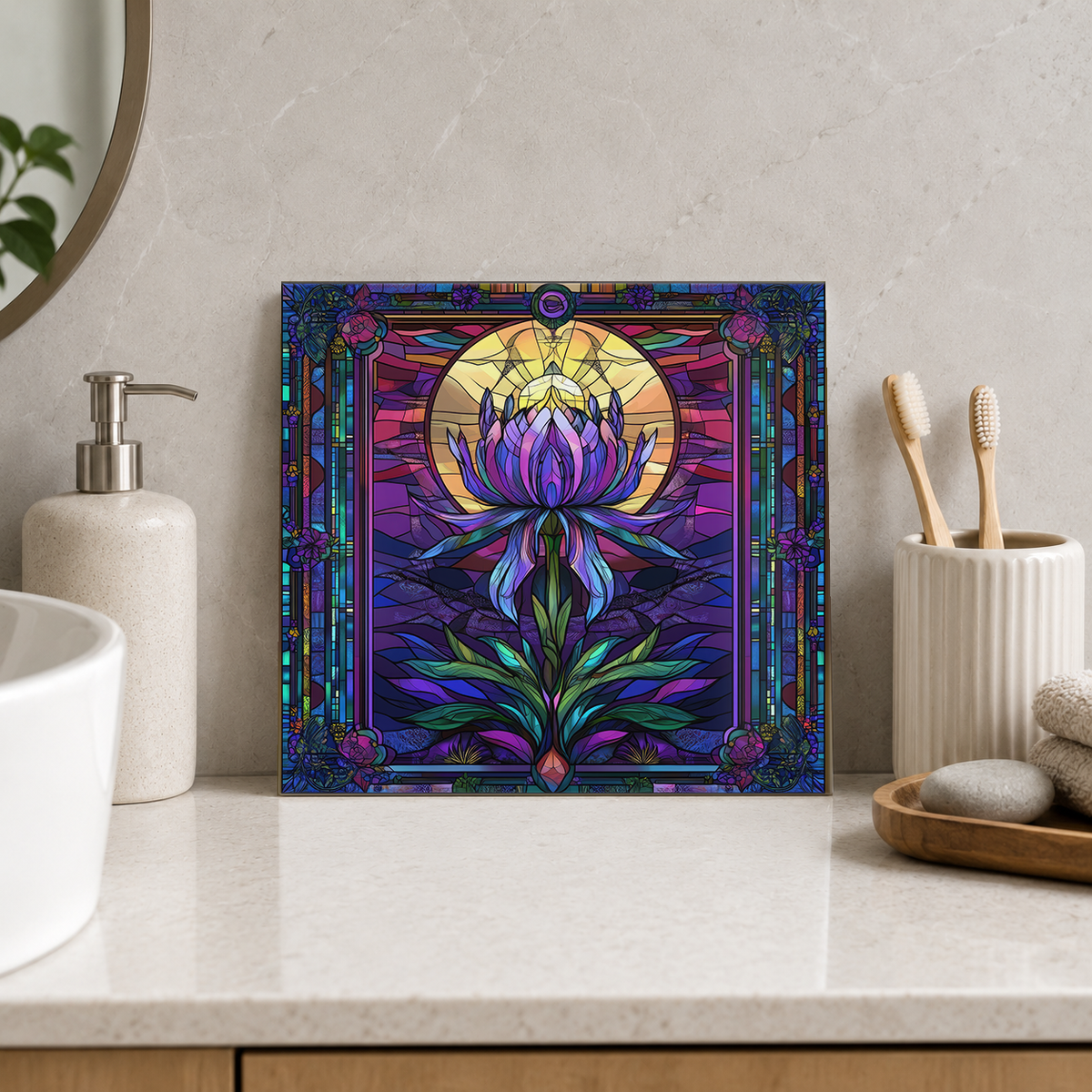 Violet Lotus and Golden Halo Tile displayed in the bathroom tile mock-up