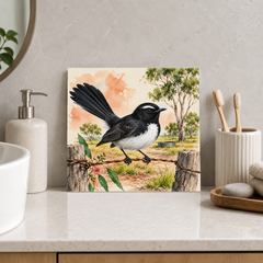 Wagtail on the Fence ceramic decorative tile in Pop Color, shown in a room mockup